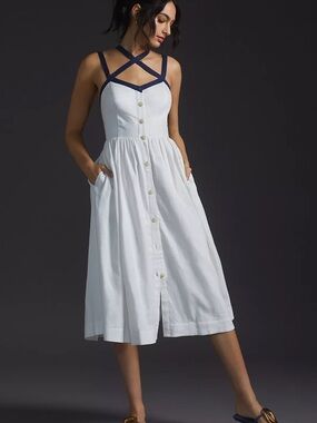 Maeve Strappy Button-Front  White Midi Button-Front Dress with Navy Straps Sz 8‎